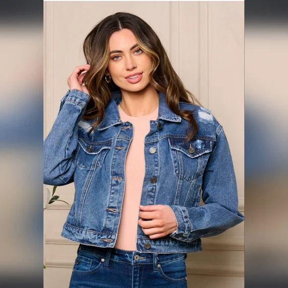 🌷WOMEN'S LONG SLEEVE BUTTON CLOSURE DISTRESS DENIM JACKET #075 - Picture 1 of 4